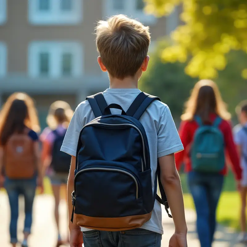 Schüler mit Rucksack vor der Schule